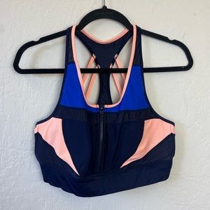 Athleta Zip Front Sports Bra Blue Pink size Medium